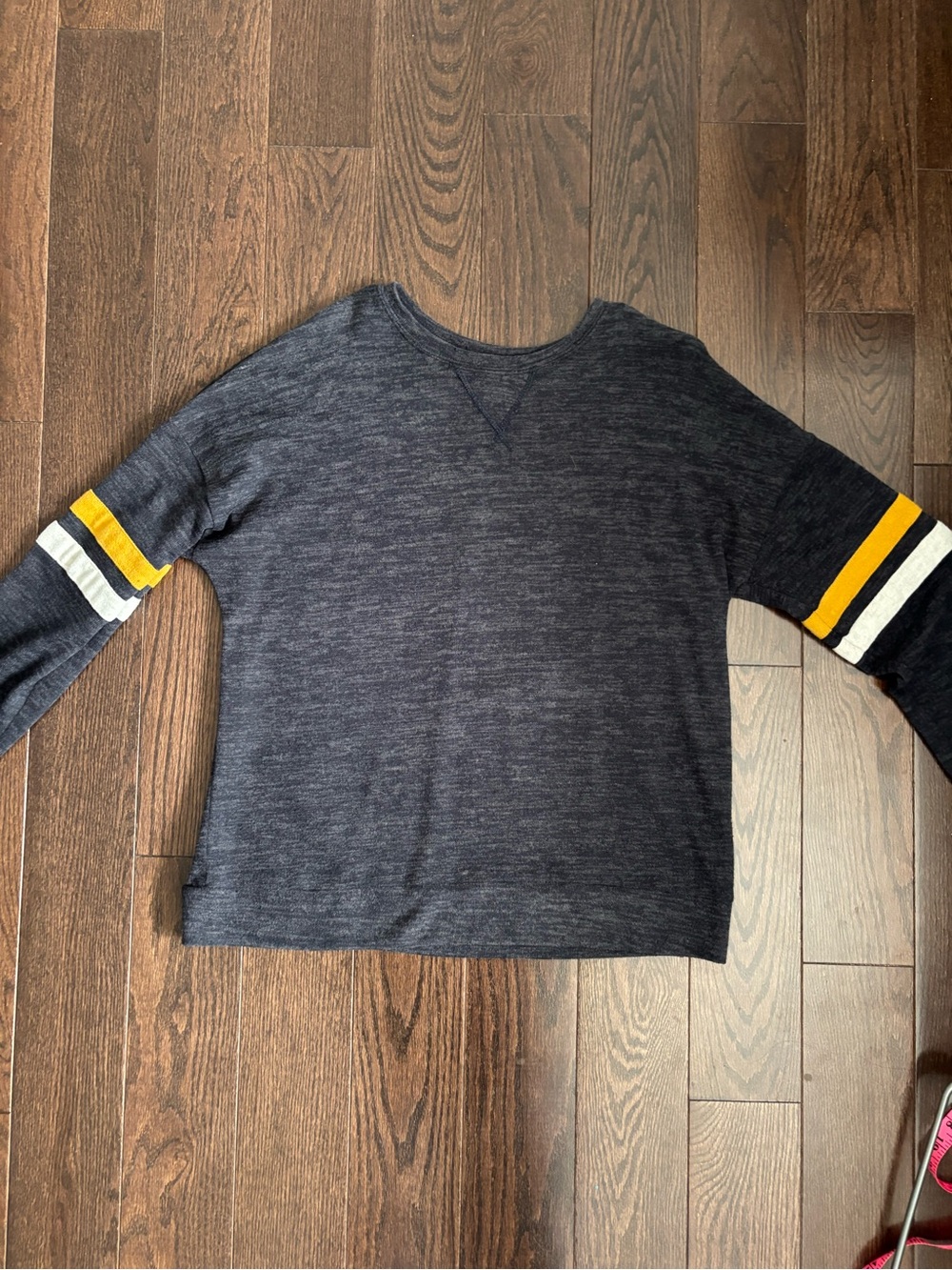 Casual Dark Heather Long Sleeve Sweater with Stripe Sleeves